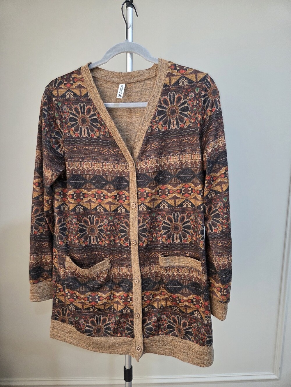 Grecerelle  Cozy Floral Patterned Button-Front Cardigan Sweater - Brown Sz.M